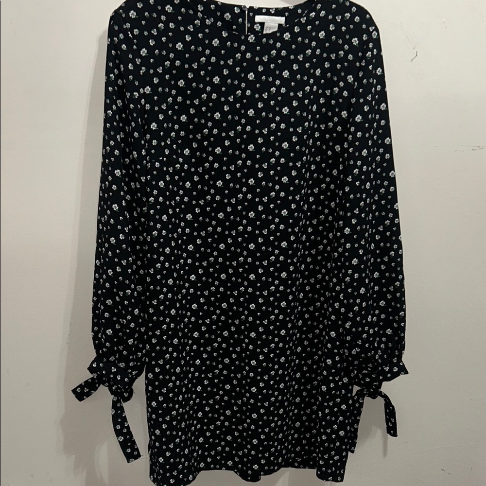 H&M Black Long Sleeve Mini Dress with White Ditsy Print